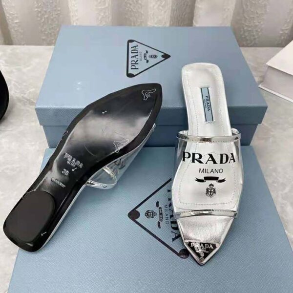 Prada Women Logo-Print Plexiglas Slides-Silver (10)