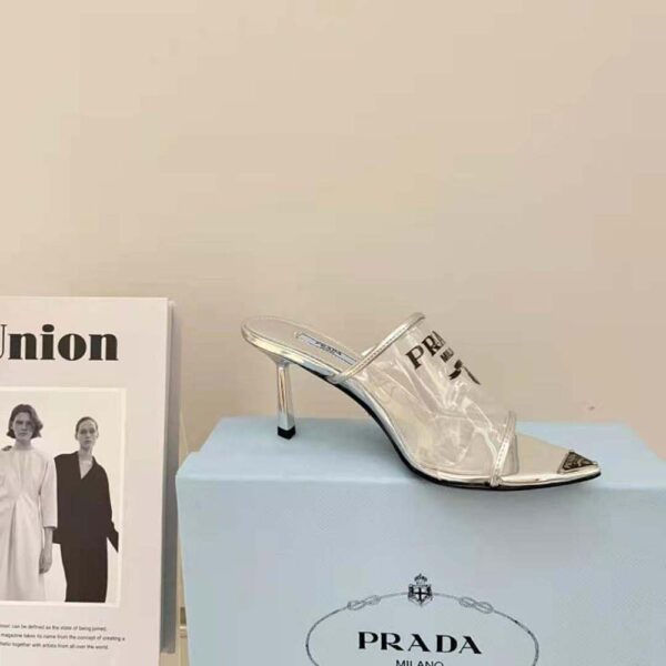 Prada Women Logo-print Plexiglas High-Heel Slides in 75mm Heel Height (7)