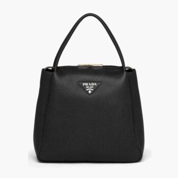 Prada Women Medium Leather Handbag with the Prada Metal Lettering Logo Illuminating Its Center-Black