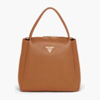 Prada Women Medium Leather handbag with the Prada Metal Lettering Logo Illuminating Its Center-brown (1)