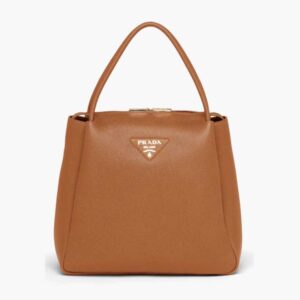 Prada Women Medium Leather Handbag with the Prada Metal Lettering Logo Illuminating Its Center-Brown