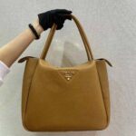 Prada Women Medium Leather Handbag with the Prada Metal Lettering Logo Illuminating Its Center-Brown - immagine 2