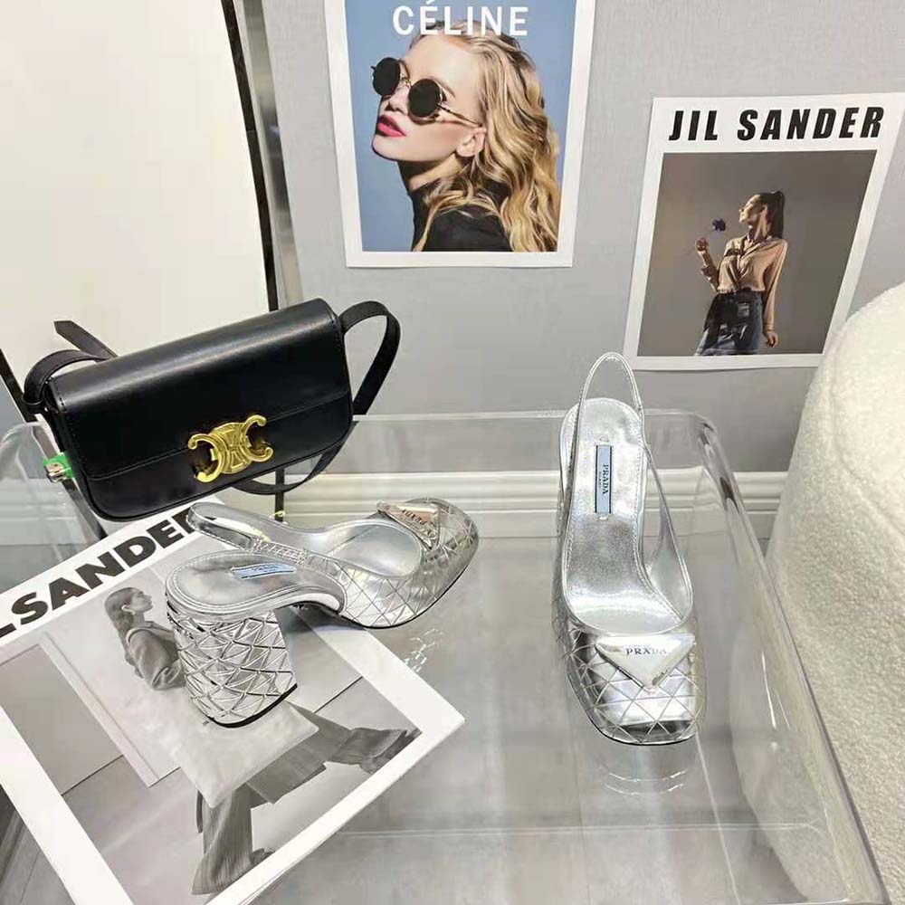 Prada Women Metallic Leather Slingback Pumps-Silver