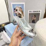 Prada Women Metallic Leather Slingback Pumps in 45mm Heel Height-Silver - Image 8