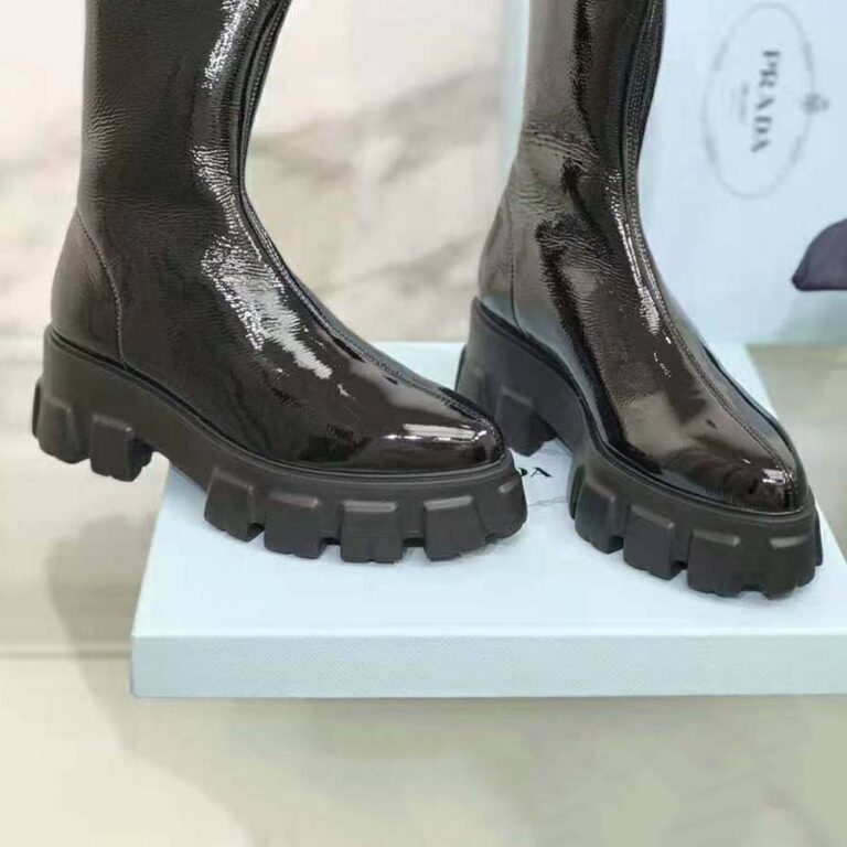 prada monolith patent leather pointed booties
