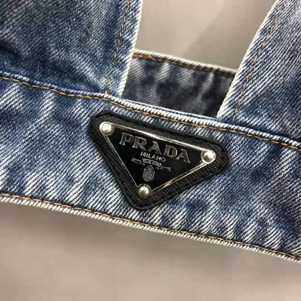 Prada Women Organic Denim Top with Plunging V Neck is Made of Washed Organic Denim-Blue