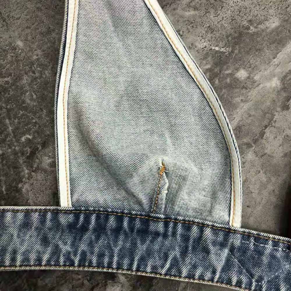 Prada Women Organic Denim Top with Plunging V Neck is Made of Washed Organic Denim-Blue