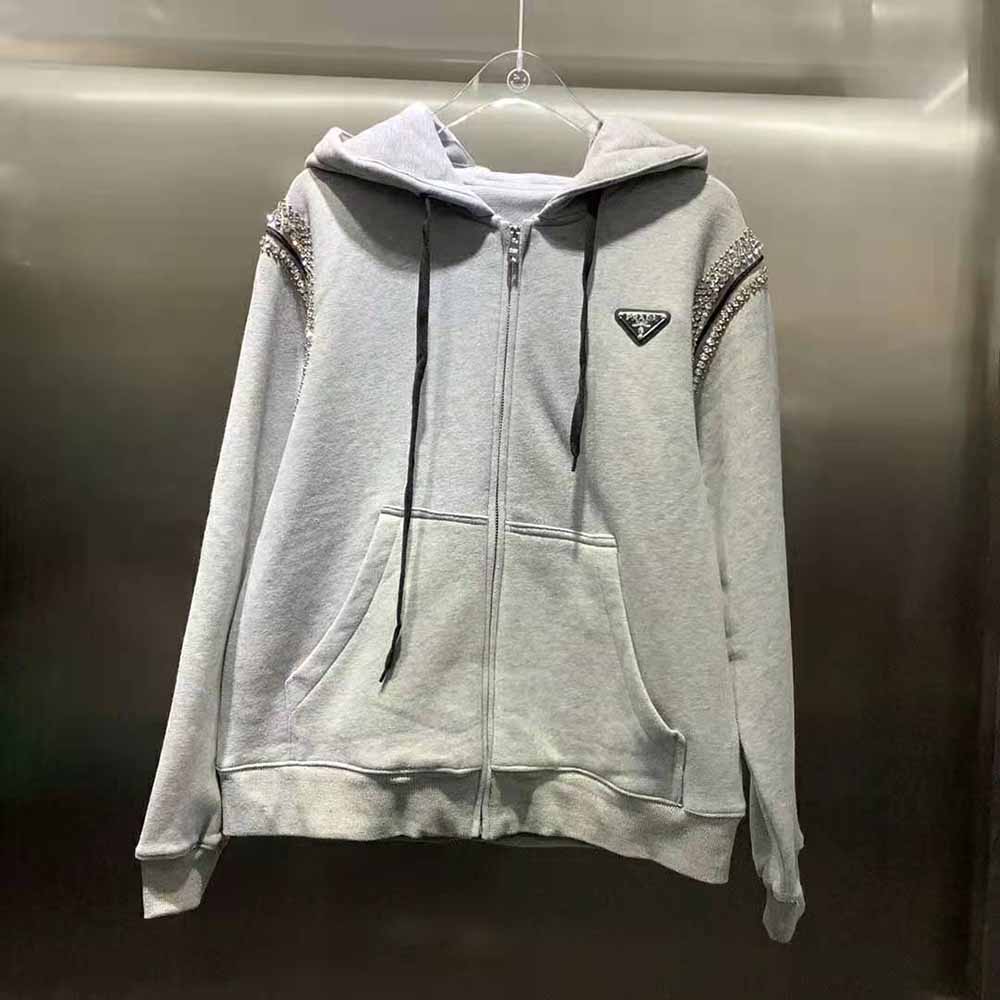 Prada Women Oversized Studded Hoodie-Silver