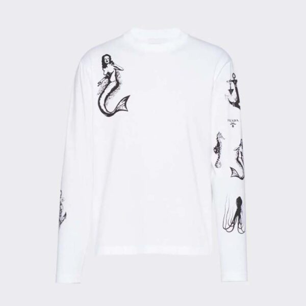 Prada Women Printed Cotton T-shirt with the Lettering Logo-White (1)
