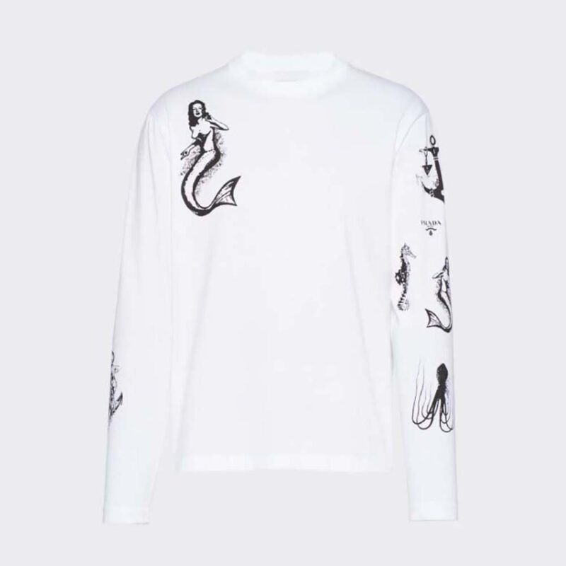 Prada Damen Bedrucktes Baumwoll-T-Shirt mit Logo-Schriftzug - Weiß