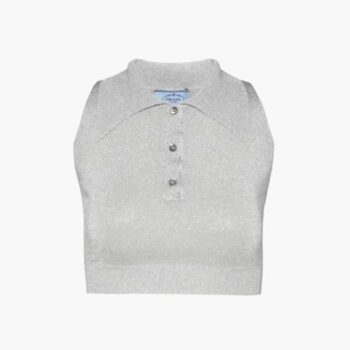 Prada Women Ribbed Knit Lurex Crop Top-Silver
