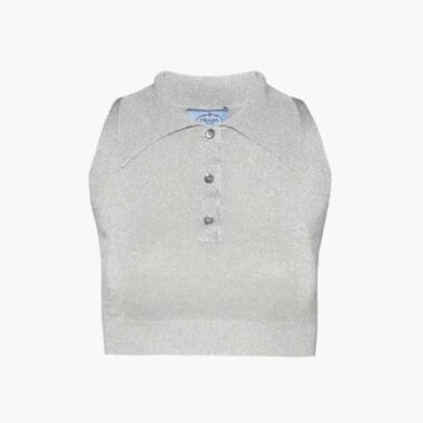 Prada Women Ribbed Knit Lurex Crop Top-Silver