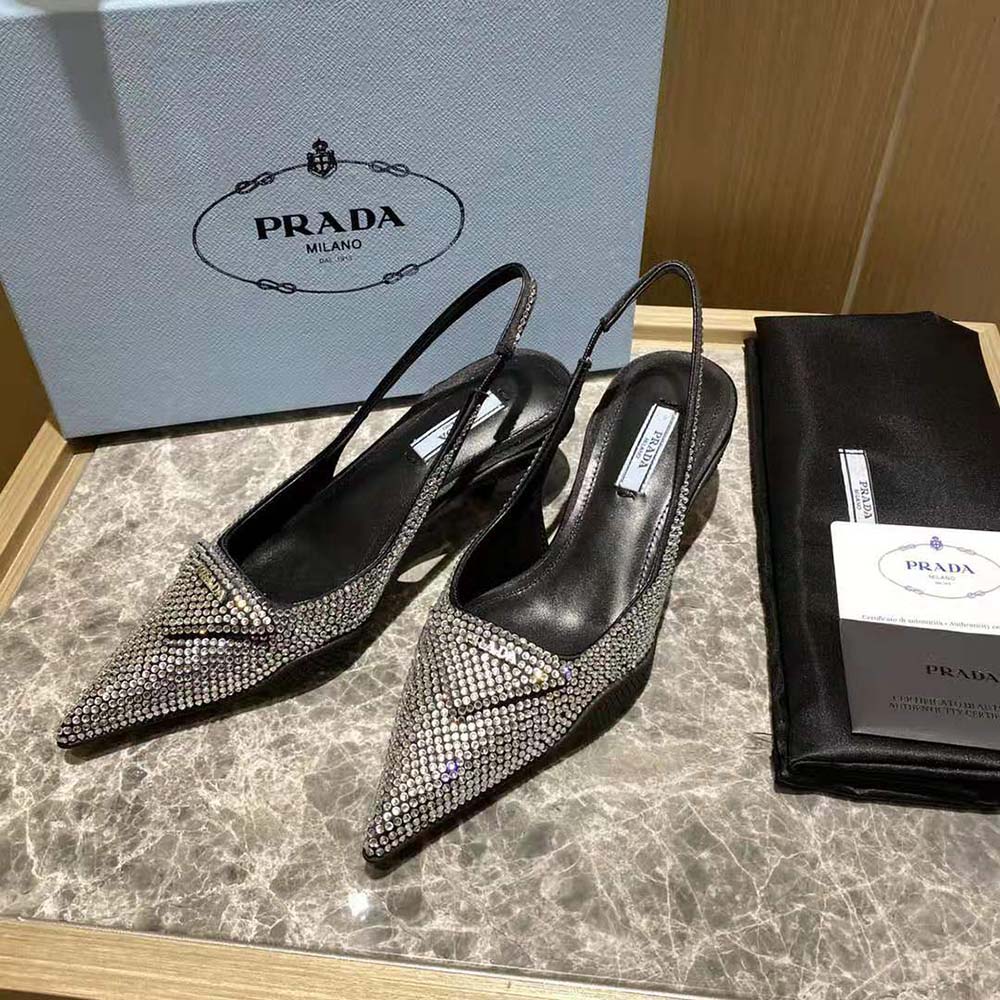 Prada Women Satin Sling-Back Pumps with Crystals-Black