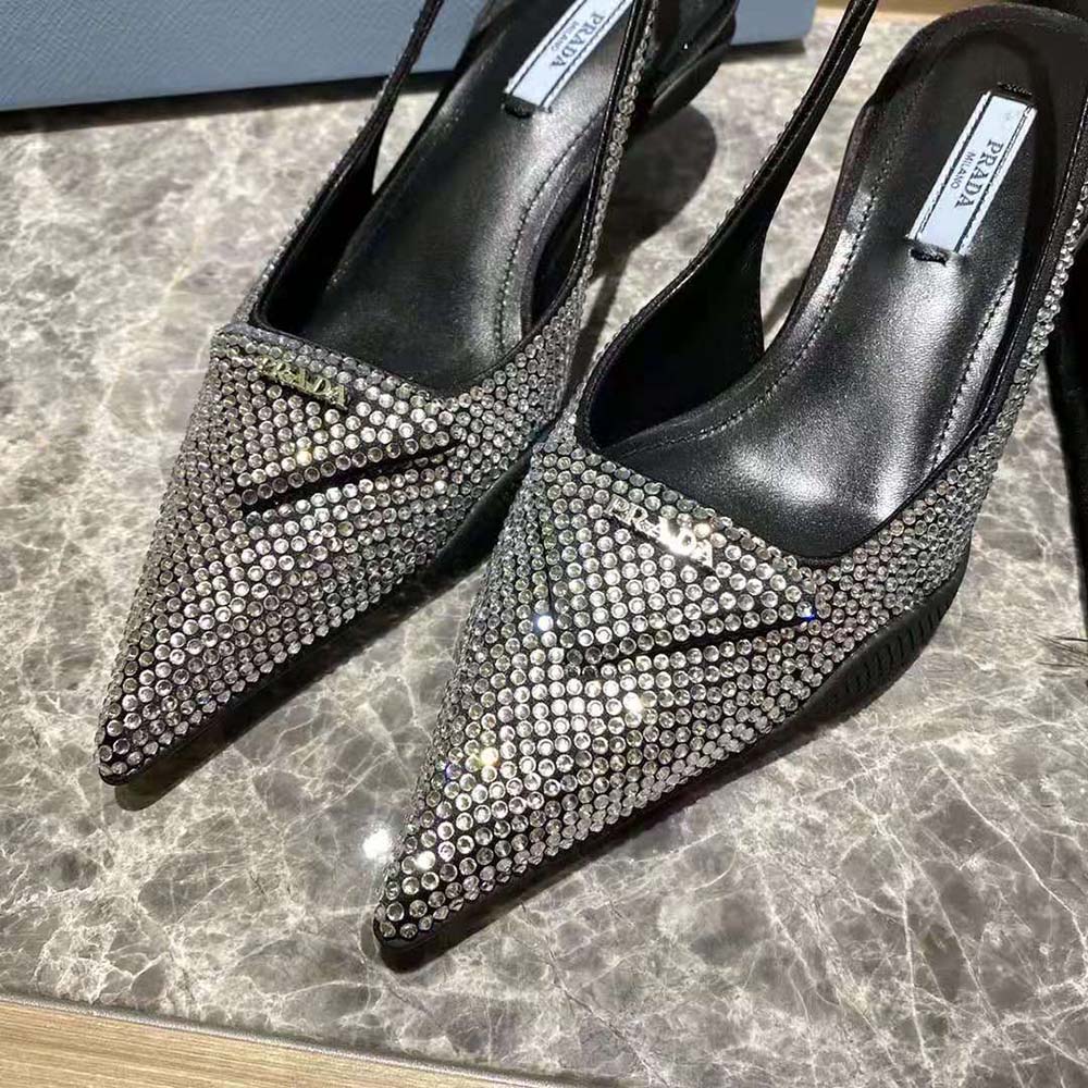 Prada Women Satin Sling-Back Pumps with Crystals-Black