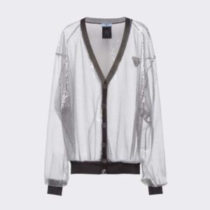 Prada Women Sequin-Embroidered Tulle Cardigan-Black