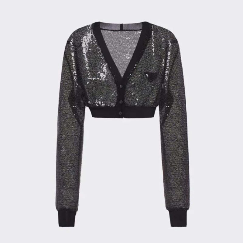 Top corto in tulle ricamato con paillettes da donna Prada - Nero