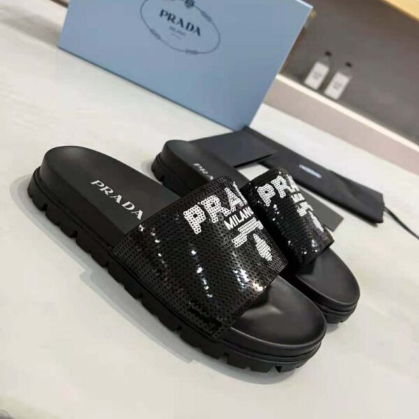 Prada Women Sequin Slides with Rubber Lug Sole are Covered All Over with Embroidered Sequins (2)