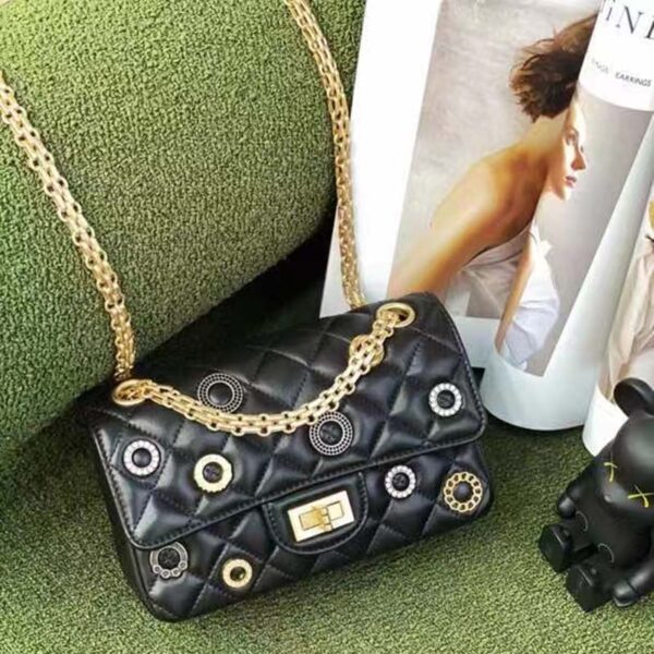 Chanel Women CC 2.55 Handbag Calfskin Strass Glass Pearls Gold Silver Tone Black (11)