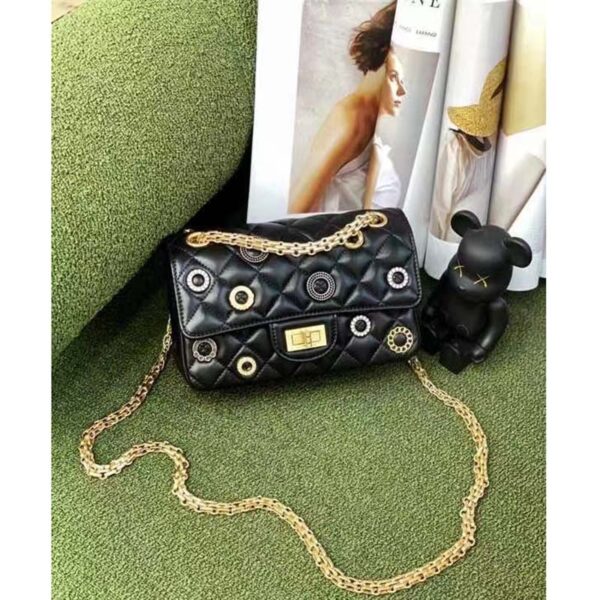 Chanel Women CC 2.55 Handbag Calfskin Strass Glass Pearls Gold Silver Tone Black (2)
