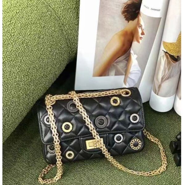 Chanel Women CC 2.55 Handbag Calfskin Strass Glass Pearls Gold Silver Tone Black (4)