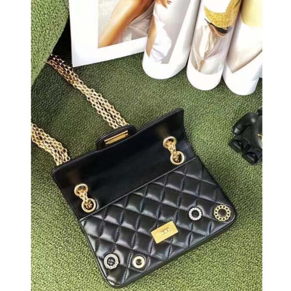 Chanel Women CC 2.55 Handbag Calfskin Strass Glass Pearls Gold Silver Tone Black (6)