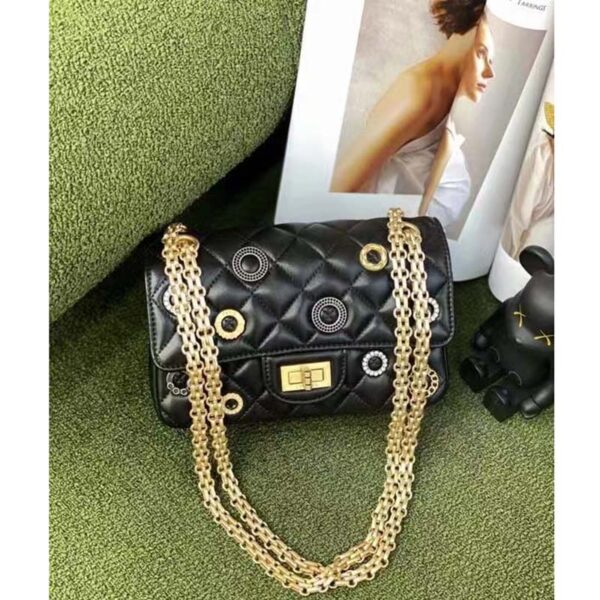 Chanel Women CC 2.55 Handbag Calfskin Strass Glass Pearls Gold Silver Tone Black (8)
