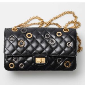 Chanel Women CC 2.55 Handbag Calfskin Strass Glass Pearls Gold Silver Tone Black