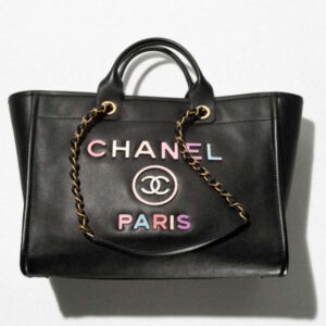 Chanel Women CC Large Shopping Bag Calfskin Aged Gold-Tone Metal Black