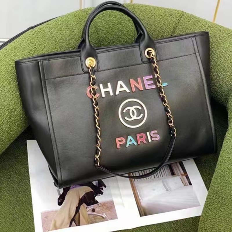 Chanel Women CC Large Shopping Bag Calfskin Aged Gold-Tone Metal Black -  LULUX
