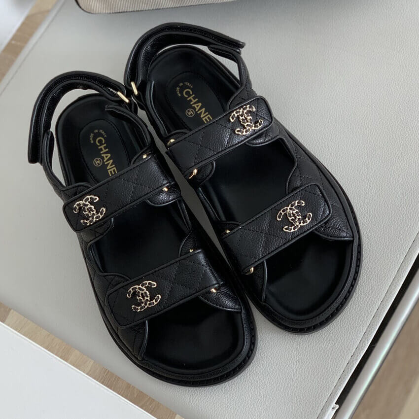 Chanel Women Open Toe Sandal in Calfskin Leather-Black