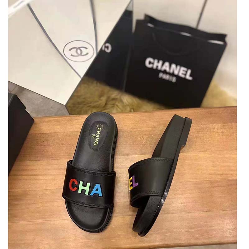 Chanel Women Sandal Black Calfskin Leather Colorful CHA NEL Logos