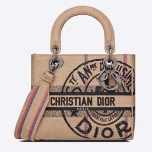Dior Unisex CD Medium Lady D-Lite Bag Beige Jute Canvas Embroidered Dior Union Motif