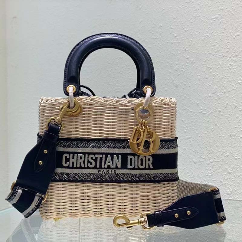 Mini Lady Dior Bag Natural Wicker and Blue Dior Oblique Jacquard