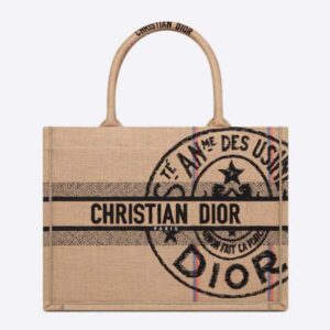 Dior Women CD Medium Book Tote Beige Jute Canvas Embroidered Union Motif