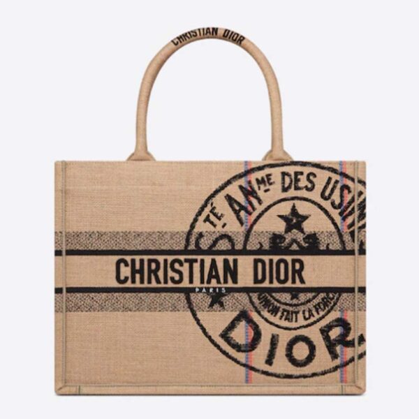 Dior Women CD Medium Book Tote Beige Jute Canvas Embroidered Union Motif (6)