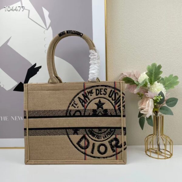 Dior Women CD Medium Book Tote Beige Jute Canvas Embroidered Union Motif (8)