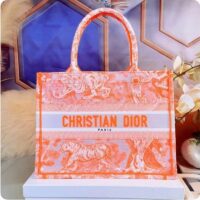 Dior Women CD Medium Book Tote Fluorescent Orange Toile De Jouy Reverse Embroidery (8)