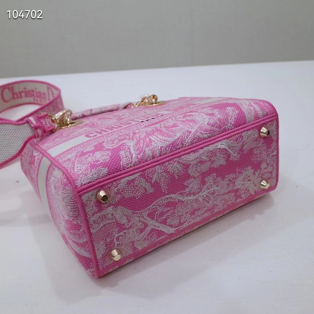 Dior Women CD Medium Lady D-Lite Bag Fluorescent Pink Toile De Jouy Reverse Embroidery