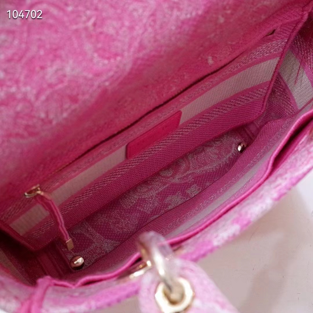 Dior Women CD Medium Lady D-Lite Bag Fluorescent Pink Toile De Jouy Reverse Embroidery