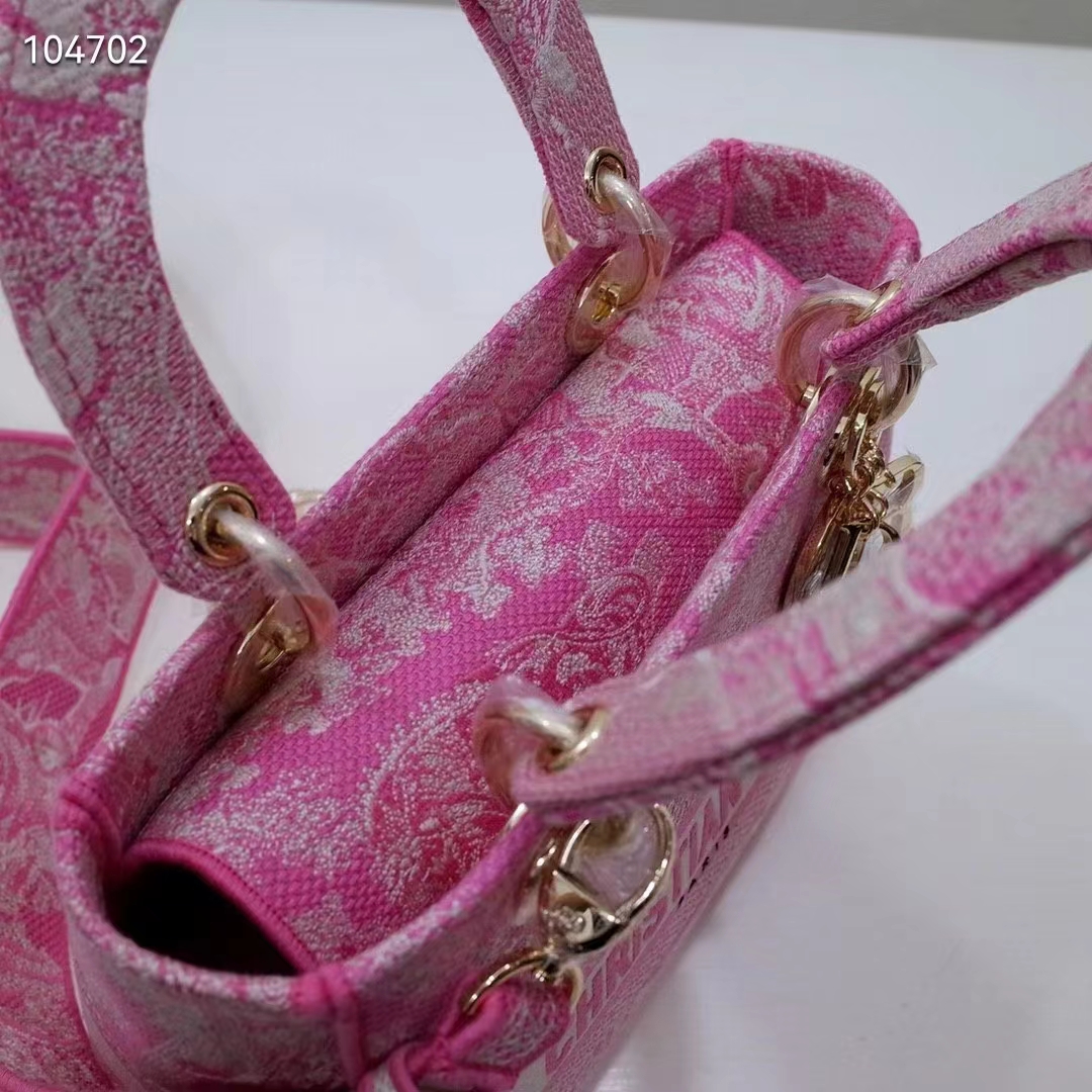 Dior Women CD Medium Lady D-Lite Bag Fluorescent Pink Toile De Jouy Reverse Embroidery