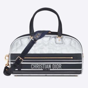 Dior Women CD Medium Vibe Zip Bowling Bag Black Silver Padded Étoile Calfskin