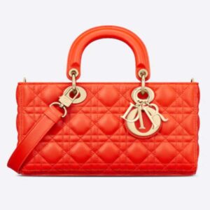 Dior Women Lady D-Joy Bag Bright Orange Cannage Lambskin