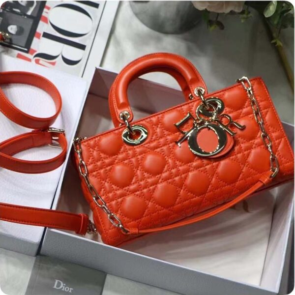 Dior Women Lady D-Joy Bag Bright Orange Cannage Lambskin (6)