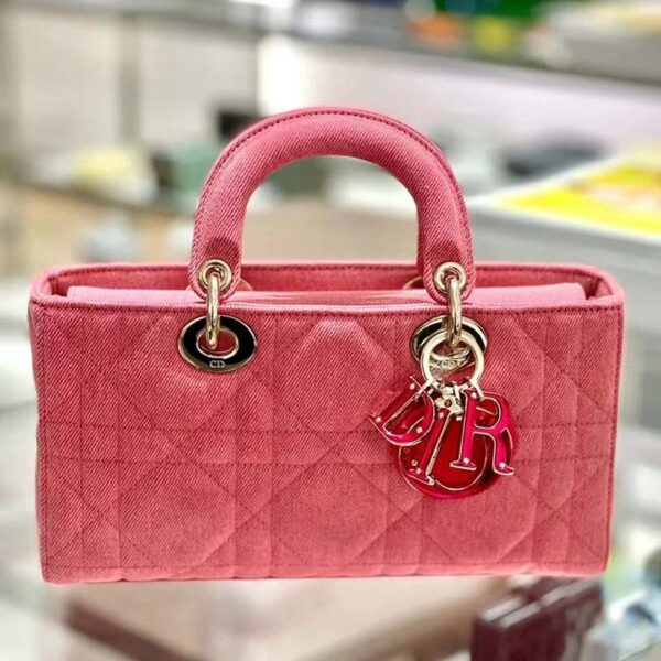 Dior Women Lady D-Joy Bag Bright Pink Cannage Denim (12)