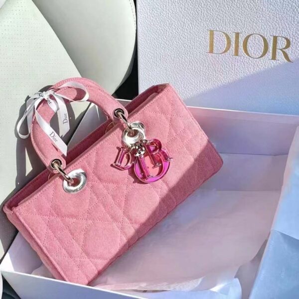 Dior Women Lady D-Joy Bag Bright Pink Cannage Denim (17)