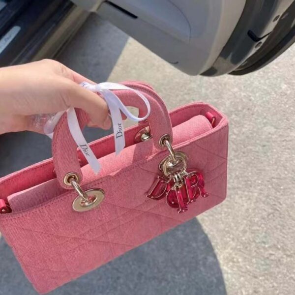 Dior Women Lady D-Joy Bag Bright Pink Cannage Denim (6)