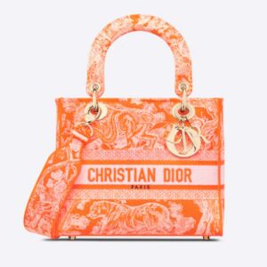 Dior Women Medium Lady D-Lite Bag Fluorescent Orange Toile De Jouy Reverse Embroidery