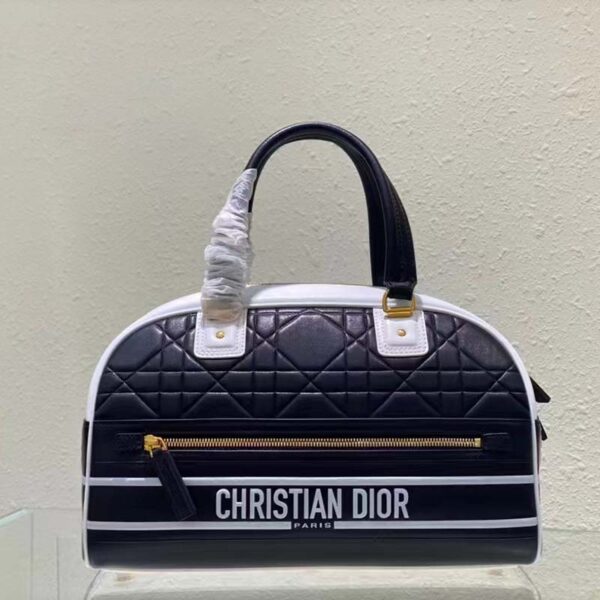 Dior Women Medium Vibe Zip Bowling Bag Black White Padded Macrocannage Calfskin (2)