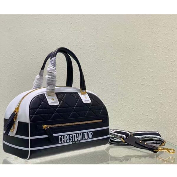 Dior Women Medium Vibe Zip Bowling Bag Black White Padded Macrocannage Calfskin (8)