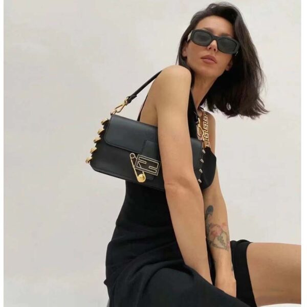 Fendi Women FF Baguette Brooch Fendace Black Leather Bag (10)